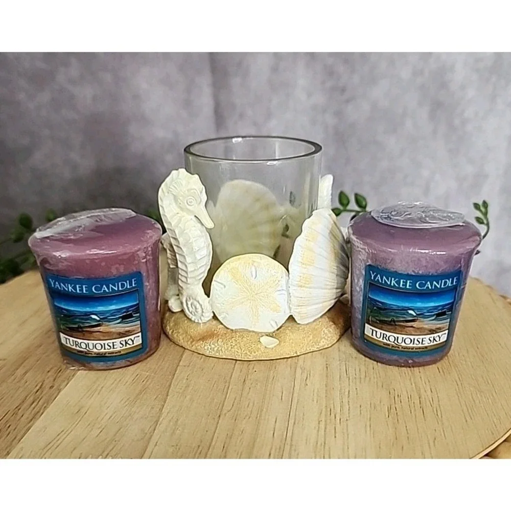 Yankee Candle Turquoise Sky Votive Candles & Seashell Beach Glass Candle Holder